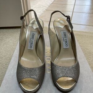 Jimmy Choo Glitter Nova 100 Slingback Peep Toe Heels Platinum Ice
